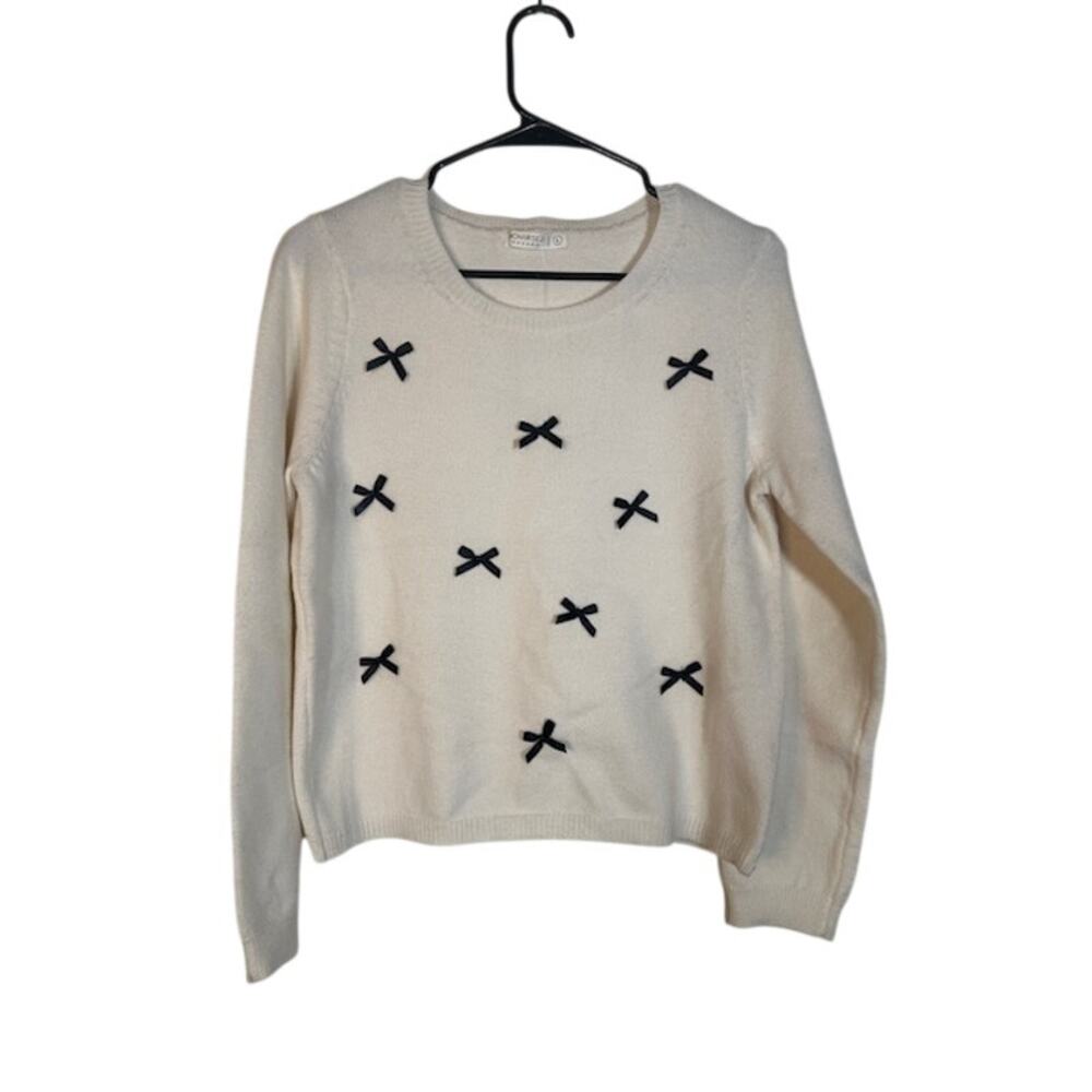 Uncharted Threads Cream Black Bow Design Long Sleeve Knit Sweater Women Sz L